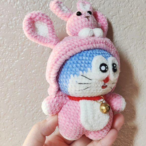 Handmade Amigurumi Crochet Doraemon Wearing a Bunny Hoodie - Picture 6 of 10